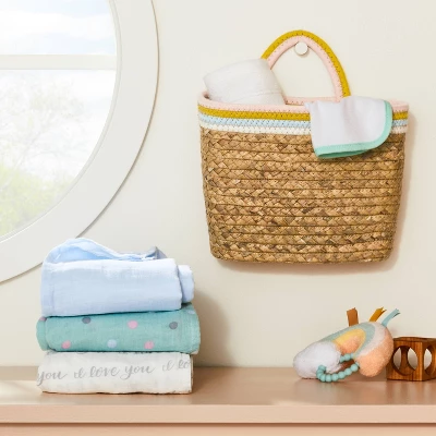 Wall Hanging Natural Woven Basket With Coiled Rope Handle - Pink - Cloud Island™ 3 Wall Hanging Natural Woven Basket With Coiled Rope Handle - Pink - Cloud Island™